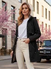 Áo khoác parka nữ mùa chuyển tiếp, eo điều chỉnh được, mũ trùm đầu có thể tháo rời, khóa đôi với khóa kéo và nút bấm, chiều dài dài hơn bình thường, có túi, có lớp lót, áo khoác có mũ điều chỉnh được cho nữ, dài đến đùi, có túi bên trong. - màu đen - Xem 1