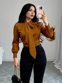 Women's Long-Sleeved Shirt / Side Tie Detail / Casual Fashion / Pocket / Buttons At The Front / Knot / Office - 巧克力棕 - 查看 1