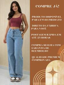 Calça Jeans Wide Leg Feminina Marmorizada Pantalona Oversized 100% Jeans - Lavagem Média - Visão 8