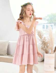 Square Neck Ruffle Sleeve Dress For Girls - Sweet A-Line Swing Dress For Tweens, Casual & Special Occasions - 粉色 - 查看 5