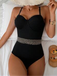New One-Piece Black Strapless Deep V-Neck Backless Slim-Fit Conservative Sporty Casual Beach Vacation Swimsuit For Women - 黑色 - 查看 4