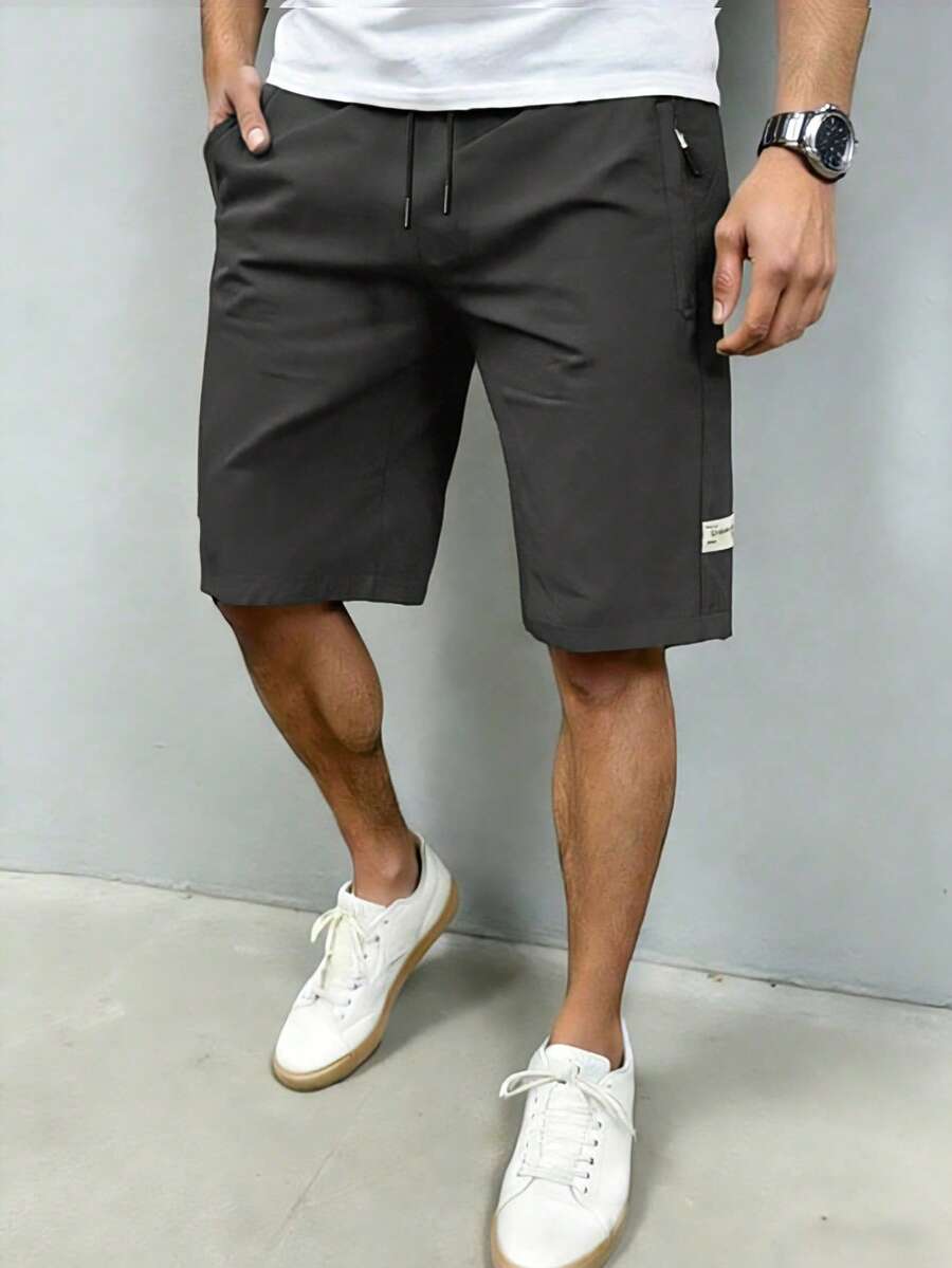 Men's Casual Shorts, Summer Solid Color Minimalist Fashion Pants, Zipper Pocket Design - Dark Grey - View 1