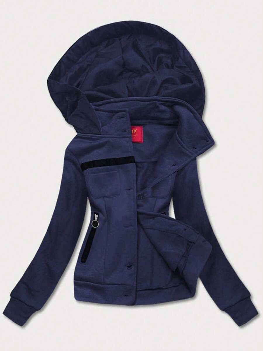 Women's short zip-up sweatshirt, Sports sweatshirt, Hood, Soft fleece lining, Button closure, Ribbed cuffs, 4 pockets, Hip length, casual, Spring/Autumn - 藏蓝色 - 查看 1