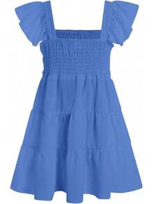 Square Neck Ruffle Sleeve Dress For Girls - Sweet A-Line Swing Dress For Tweens, Casual & Special Occasions - Dark Blue - 查看 2