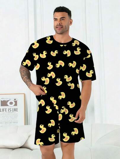 Plus Size Men's Pajama Set | Round Neck Short Sleeve Top And Elastic Waist Casual Shorts 2 Piece Set | Polyester Knit Fabric Soft And Breathable Loose Fit | Cute Duck Print Casual Design