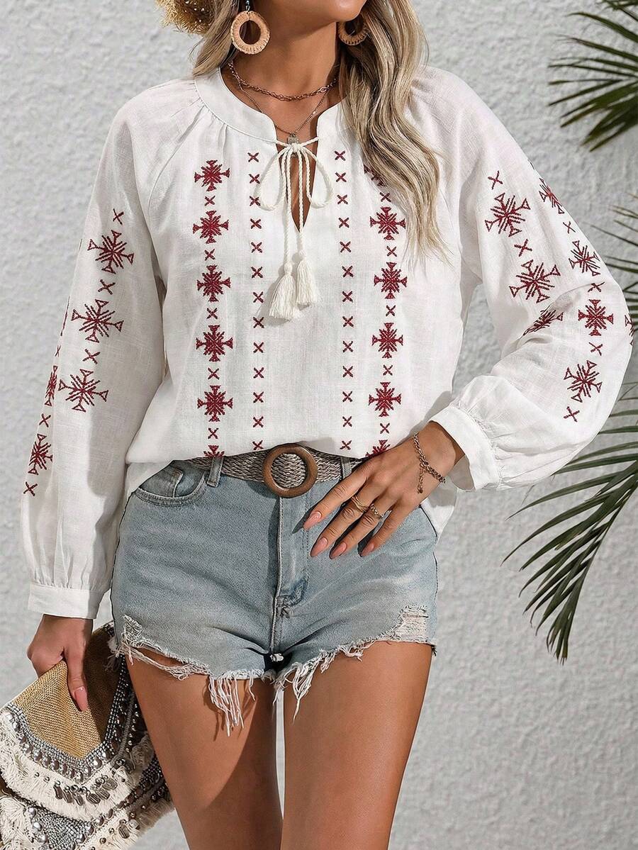 Women's Bohemian Style Embroidered Long Sleeve Drop Shoulder Blouse, Tie Neck, Button Front, Regular Length, Non-Stretch Fabric - White - View 1