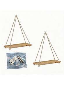 2 piezas/1 pieza Estantes flotantes de pared de madera, Tablero de almacenamiento de tela de estilo bohemio, Adecuado para sala de estar, dormitorio, baño, cocina, decoración del hogar, decoración de la habitación, decoración de pared, regalos para vacaciones, de vuelta a la escuela - Beis - Ver 9