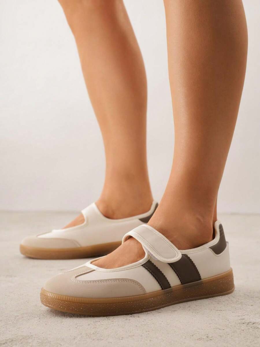 Ballerina-Style Flat Sneakers With Hook And Loop Closure - Beige - View 1