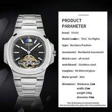 TEVISE Men's Automatic Mechanical Watch Large Retro Square Dial Transparent Case Tourbillon Stainless Steel Strap - All Black - View 4