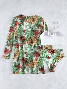 Women's Bikini Swimsuit Set + Kimono Beach Cover-Up, 3 Bikini Sets With Plant Print And Kimono For Summer At The Beach - Trắng-1 - Xem 5