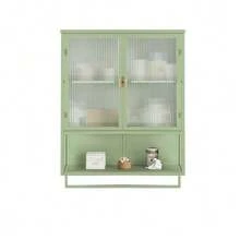 Moderno mobiletto a parete con due ante in vetro, largo 60 cm, dotato di due ripiani chiusi, un ripiano aperto e un portasciugamani. Ideale per l'ingresso, il soggiorno, il bagno o la sala da pranzo. Colore: verde. - verde acido - Visualizzare 7