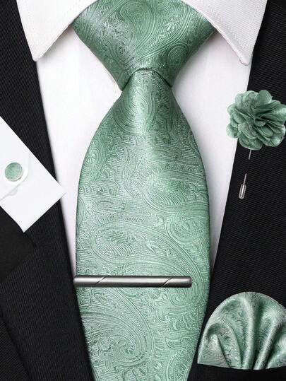 1/2/3/4/5 Pcs Men's Sage Green Paisley Pattern Tie, Pocket Square, Silver Tie Clip, Cufflinks And Lapel Pin Combination Set, Suitable For Workplace, Business, Meetings, Weddings, Graduations And Other Occasions, Great Gift For Men's Birthday, Thanksgiving, Christmas, New Year