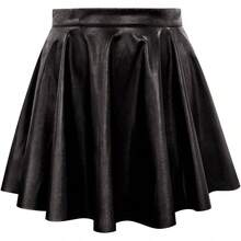 Plus Size Basic Versatile Stretchy Elastic Waist Flared Casual Mini Skater Skirt/Pleated Plaid Skirt For Women XL-5XL - 02-màu đen đặc - Xem 1