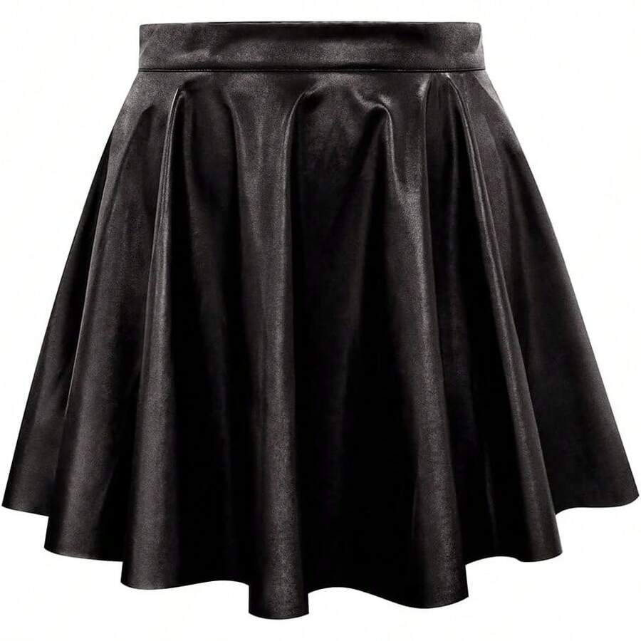 Plus Size Basic Versatile Stretchy Elastic Waist Flared Casual Mini Skater Skirt/Pleated Plaid Skirt For Women XL-5XL - 02-màu đen đặc - Xem 1