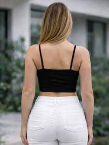 Cropped Feminino Suplex Forrado Top Academia Alça Fina Zero Transparência Confortavel Look de Verão - Preto - Visão 3