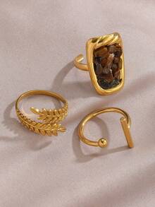 3pcs Set Stainless Steel 18K Gold Plated Minimalist Geometric Leaf Line Design Rings, Suitable For Women's Daily Wear - Gold - View 5