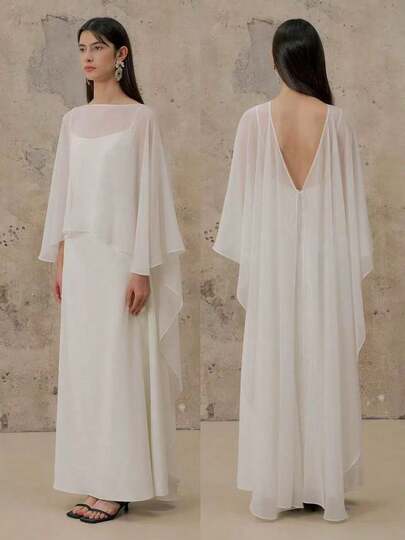 1pc Women Plus Size Solid Color Chiffon Shawl Cover Up, Short Front Long Back, Casual Polyester Sleeveless Dress