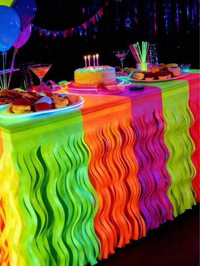 2包8件装夜光派对用品，荧光马卡龙波浪形金属箔流苏桌裙，霓虹紫外线反应背景幕帘彩带，适用于生日婚礼荧光派对装饰