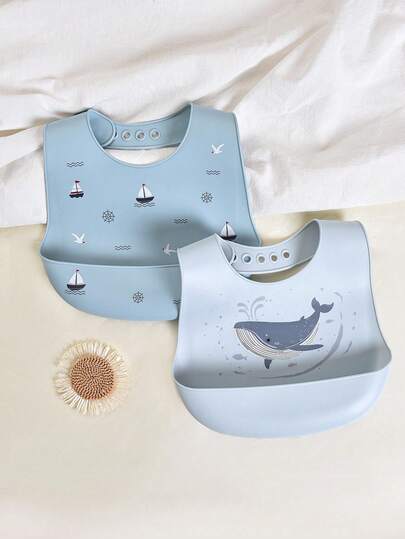 2条/1条婴儿硅胶围兜 - 防漏、防污、柔软、可调节、可煮沸消毒、便携、卡通图案，适合宝宝日常使用和户外用餐