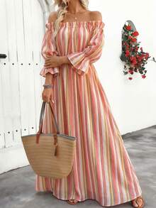 女士纯棉波西米亚风露肩度假连衣裙，饰有荷叶边和口袋——柔软舒适飘逸的条纹连衣裙，适合海滩、游轮、音乐节、情人节约会之夜等场合，是春夏季节的理想之选。 - 珊瑚橙 - 查看 4