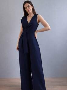 Long Wrap Jumpsuit With V-Neck - Azul Marino - Ver 2