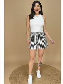 Striped Linen Shorts With Lined Pockets, Home, Beach, Night, Daily, Summer - Negro - Ver 1