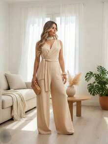 Long Wrap Jumpsuit With V-Neckline - khỏa thân - Xem 1