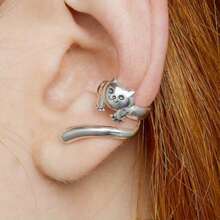 Cute Cat Shaped Retro Ear Clips, Creative Earrings, Suitable For Daily, Party And Holiday Wear, Fashion Jewelry Earrings For Women - Silver - View 1