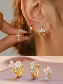 3pcs Set Elegant Fashion Copper Zirconia Inlaid Cross, Flower, Octagram, Teardrop Pendant Earrings, Luxury High-End Fashion Earrings, Wedding, Mother's Day Jewelry - Gold - View 3