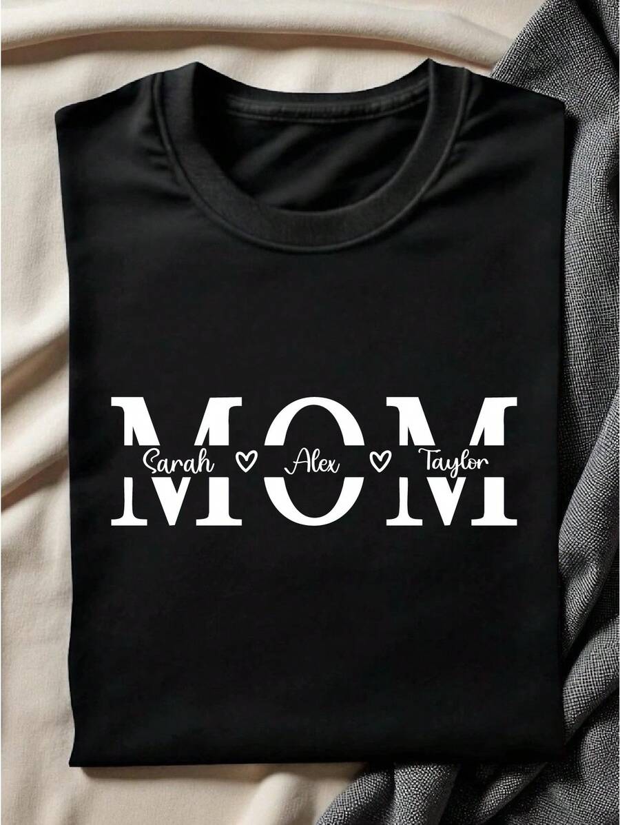 Custom Mom Shirt With Kids Names, Mama Heart Tee, Personalized Mama T-Shirt, Gift For New Mom, Women's Mother's Day Gift, Children Name Mom Tee. CU-260 - 黑色 - 查看 1