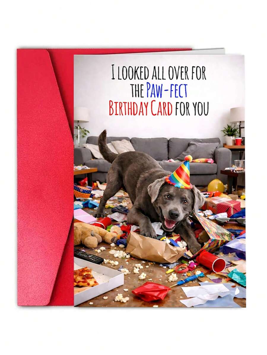 1pc Funny Dog Birthday Card - "I Looked All Over For The Paw-Fect Birthday Card For You" Humorous Greeting Card For Dog Lovers, Birthday Party Supplies - Multicolor - View 1