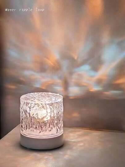 1个水波纹圆形投影灯，现代抛光金属和塑料设计，台灯，创意房间氛围，便携式照明，动态浪漫少女风台灯，带触摸模式和遥控器，16种可调节灯光颜色