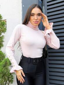 Women's Knit Blouse With Flare Sleeves And Button Detail - Baby Pink - View 1