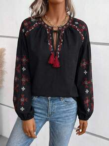 白色刺绣波西米亚风女式衬衫，系领，落肩设计，长袖，无弹力，常规版型 - 黑色 - 查看 2