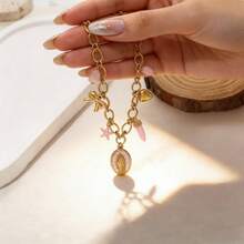 Stainless Steel Religious Charm Necklace, 18K Gold Plated With Pink Enamel Mary, Star, Heart & Tusk Charms, Y2K Jewelry For Women - Gold - View 6