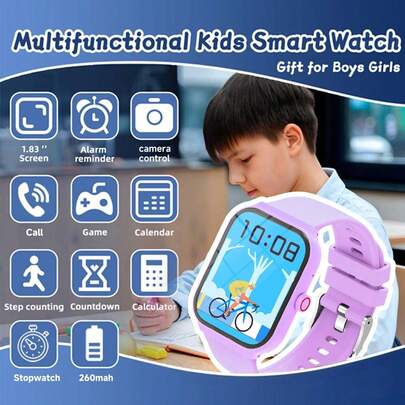 2026新款智能儿童礼物，1.83英寸高清显示屏，260mAh大容量电池，续航持久，支持无线通话、信息通知、天气预报、多种运动模式、遥控拍照，是送礼佳品。