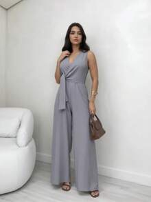 Long Wrap Jumpsuit With V-Neckline - Dark Gray - View 2