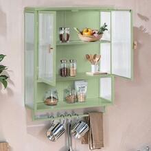 Moderno mobiletto a parete con due ante in vetro, largo 60 cm, dotato di due ripiani chiusi, un ripiano aperto e un portasciugamani. Ideale per l'ingresso, il soggiorno, il bagno o la sala da pranzo. Colore: verde. - verde acido - Visualizzare 1