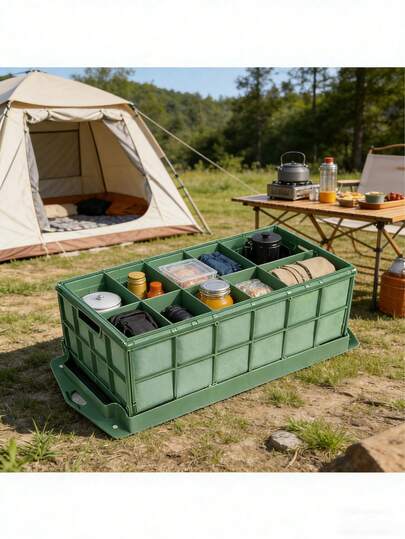 1pc Green Foldable Camping Storage Box With Wheels & Dividers Large Capacity Portable Gear Organizer For Outdoor Picnic Car Trunk RV Travel