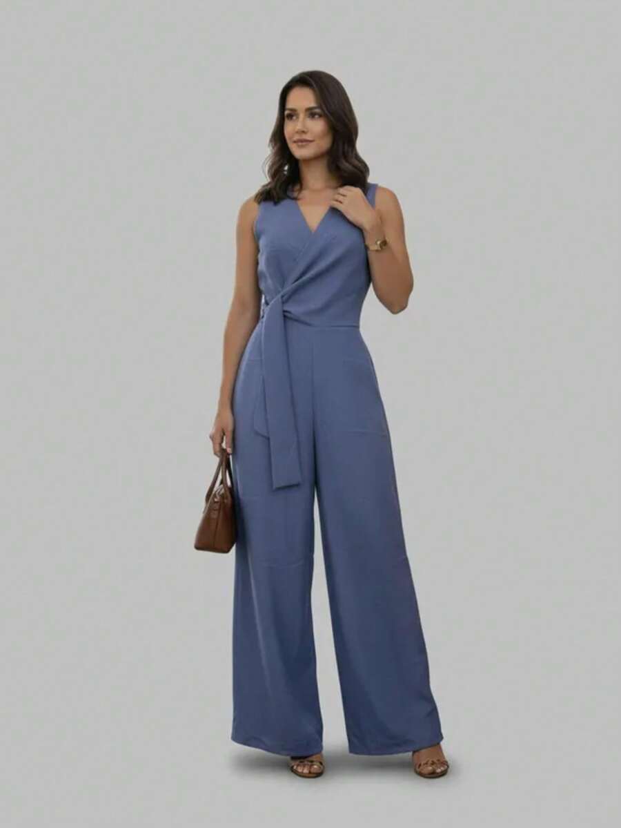 Long Wrap Jumpsuit With V-Neckline - Royal Blue - View 1