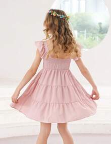 Square Neck Ruffle Sleeve Dress For Girls - Sweet A-Line Swing Dress For Tweens, Casual & Special Occasions - 粉色 - 查看 4
