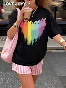 LOVE JOYY Women's Easter Bunny Print Black Short-Sleeve-Shirt, Loose, Comfortable, Stylish, Casual, Spring/Summer Holiday Party Round Neck Top - màu đen - Xem 1