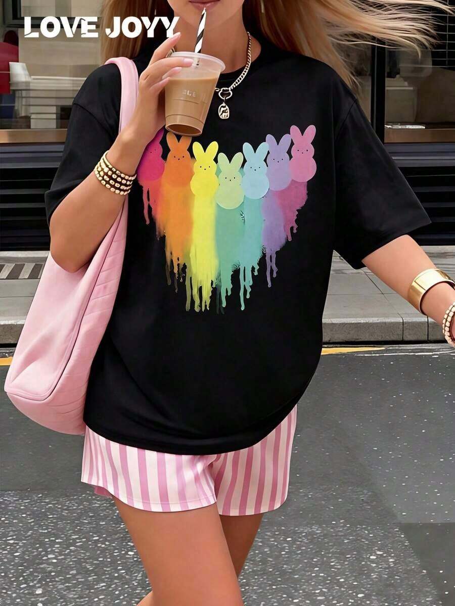 LOVE JOYY Women's Easter Bunny Print Black Short-Sleeve-Shirt, Loose, Comfortable, Stylish, Casual, Spring/Summer Holiday Party Round Neck Top - màu đen - Xem 1