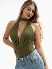 Elegant Women's Bodysuit With Plunging Neckline And Halter Collar – Sensual And Sophisticated - xanh quân đội - Xem 1