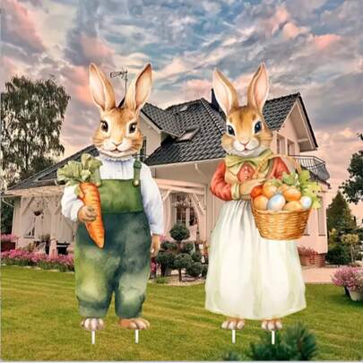 1件经典复活节兔子庭院装饰摆件，2D亚克力兔子造型，带插杆，无需用电，无羽毛，复活节户外草坪装饰礼品