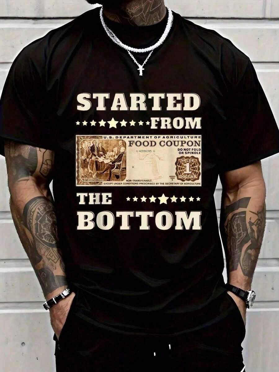 Camiseta% Algodón con Estampado de Cupones de Comida y Estrellas - Negro - Ver 1
