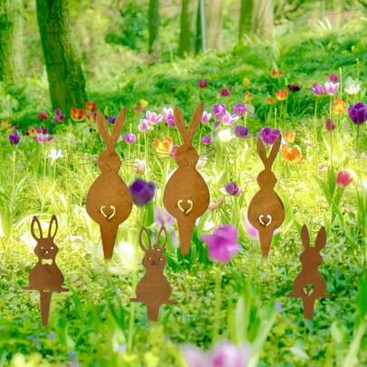 6pcs Rustic Easter Bunny Garden Stakes Rabbit Yard Art For Spring Outdoor Decor, No Battery Required