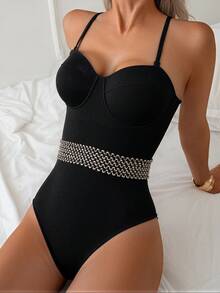 New One-Piece Black Strapless Deep V-Neck Backless Slim-Fit Conservative Sporty Casual Beach Vacation Swimsuit For Women - 黑色 - 查看 1