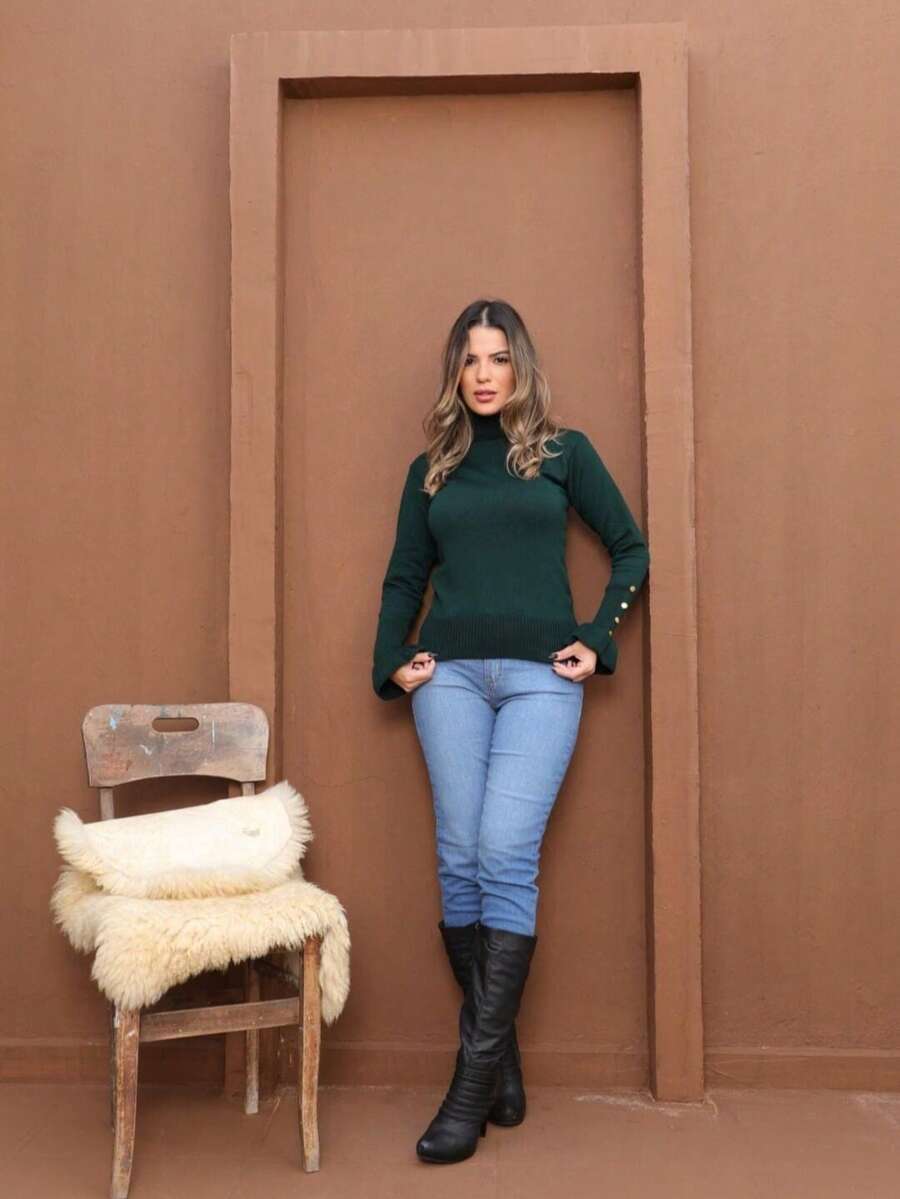 Women's Knit Blouse With Flare Sleeves And Button Detail - Army Green - View 1
