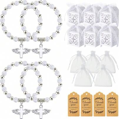 Bộ quà tặng lễ rửa tội 200 món bao gồm: 50 vòng tay chuỗi hạt Mân Côi hình thánh giá thiên thần, 50 hộp quà tặng kèm ruy băng, 50 thẻ cảm ơn, 50 túi vải organza. Thích hợp làm quà lưu niệm cho lễ rửa tội, đám cưới và tiệc mừng em bé.